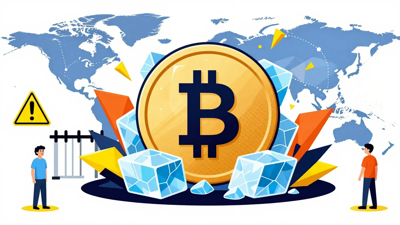 Pièce crypto gelée dans la glace, style Memphis, représentant les sanctions internationales