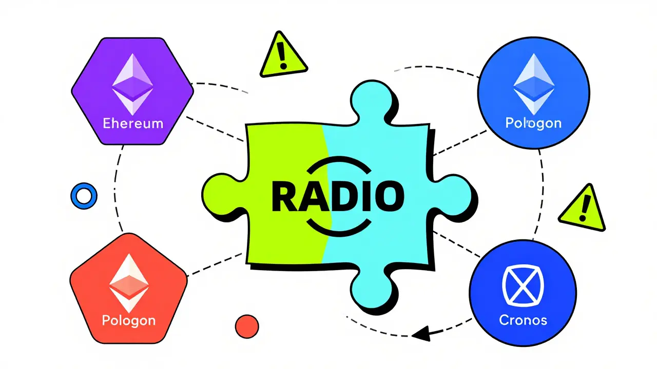 Puzzle géométrique abstrait représentant les échanges de tokens RADIO sur différentes blockchains en style illustration.