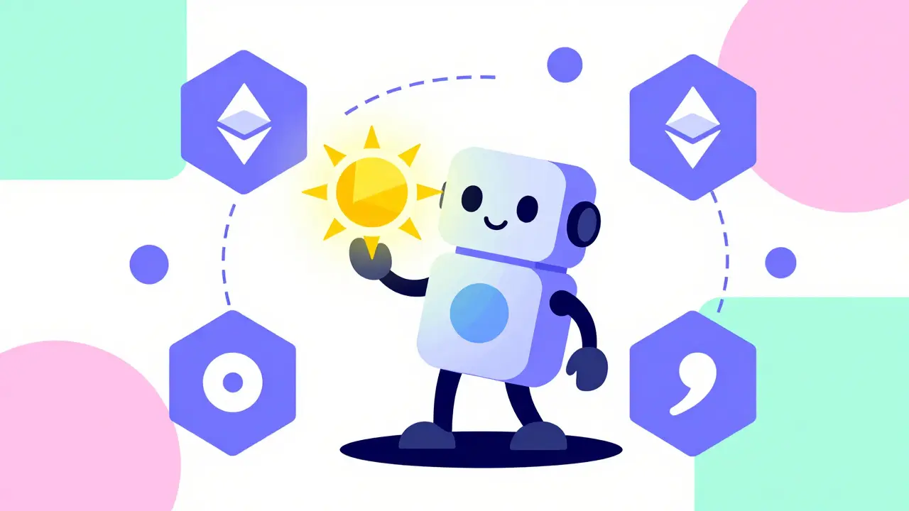 Robot stylisé tenant un soleil, entouré de blocs blockchain abstraits et formes géométriques vives