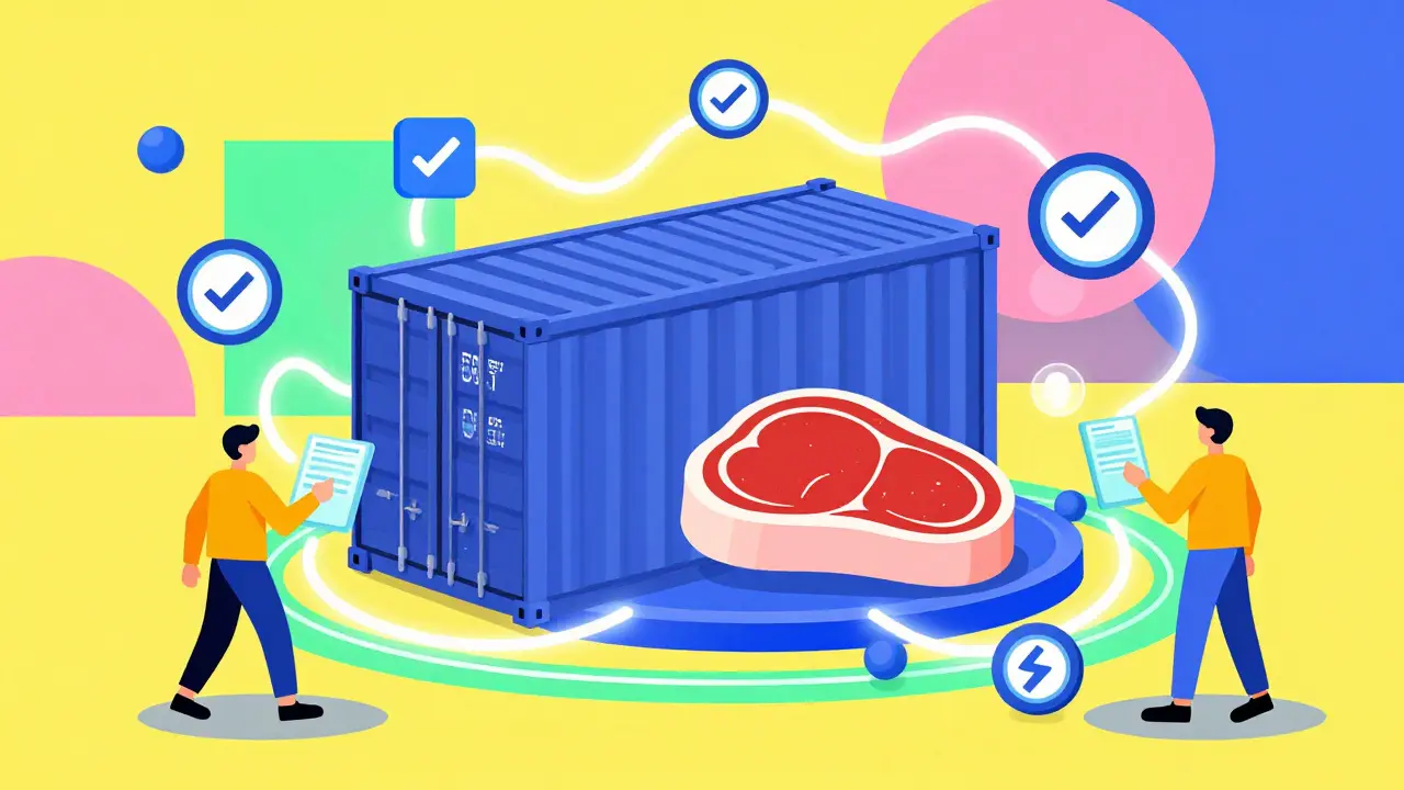Scène logistique stylisée montrant la traçabilité des produits grâce au réseau décentralisé DLT avec des icônes connectées.