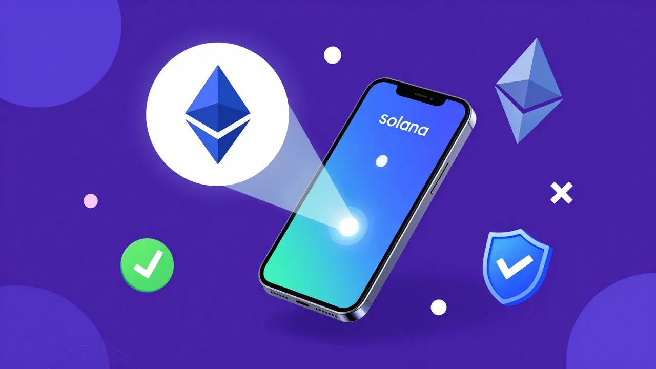 Smartphone connecté à la blockchain Solana avec des éléments de sécurité graphiques