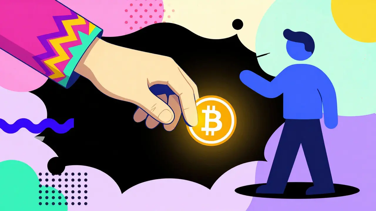 Style cartoon Memphis : une main trompeuse tente de voler une crypto-monnaie