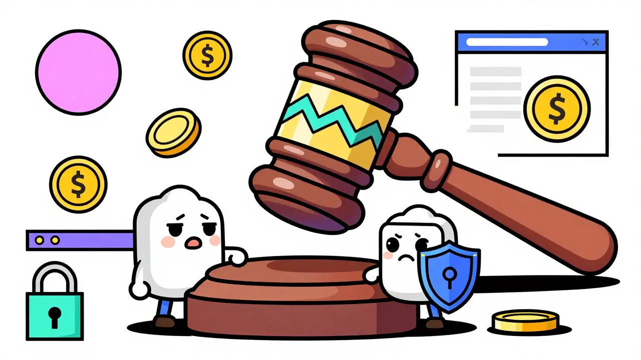 Style Memphis : marteau de justice géométrique menaçant la plateforme Upbit