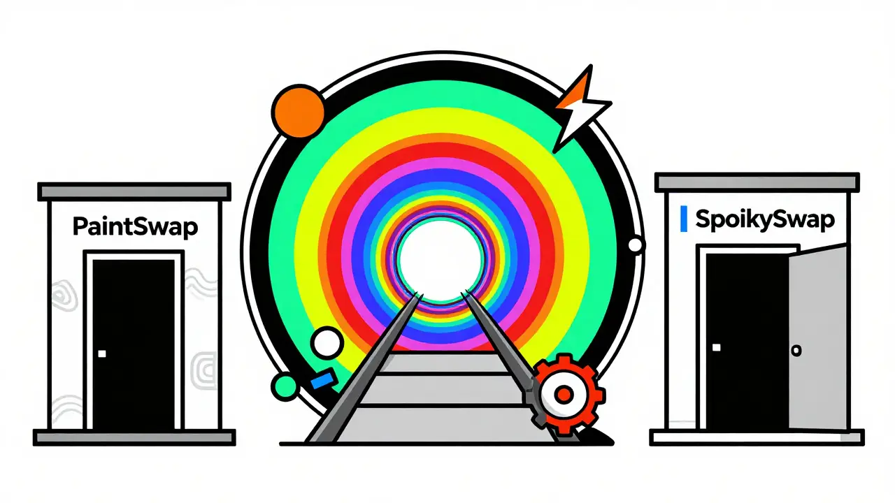 Trois portails colorés comparant l'échelle de PaintSwap aux plateformes majeures comme OpenSea