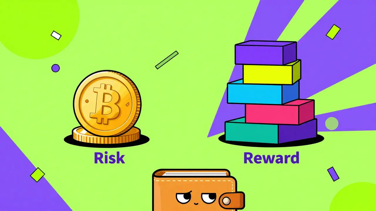 Balance illustrant le risque crypto avec des blocs abstraits et une pièce d'or, style Memphis.