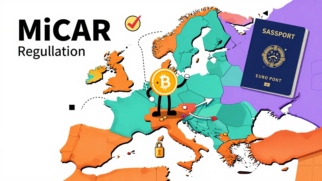 Carte d'Europe en pièces de puzzle colorées illustrant l'harmonisation des règles MiCAR pour les cryptos.