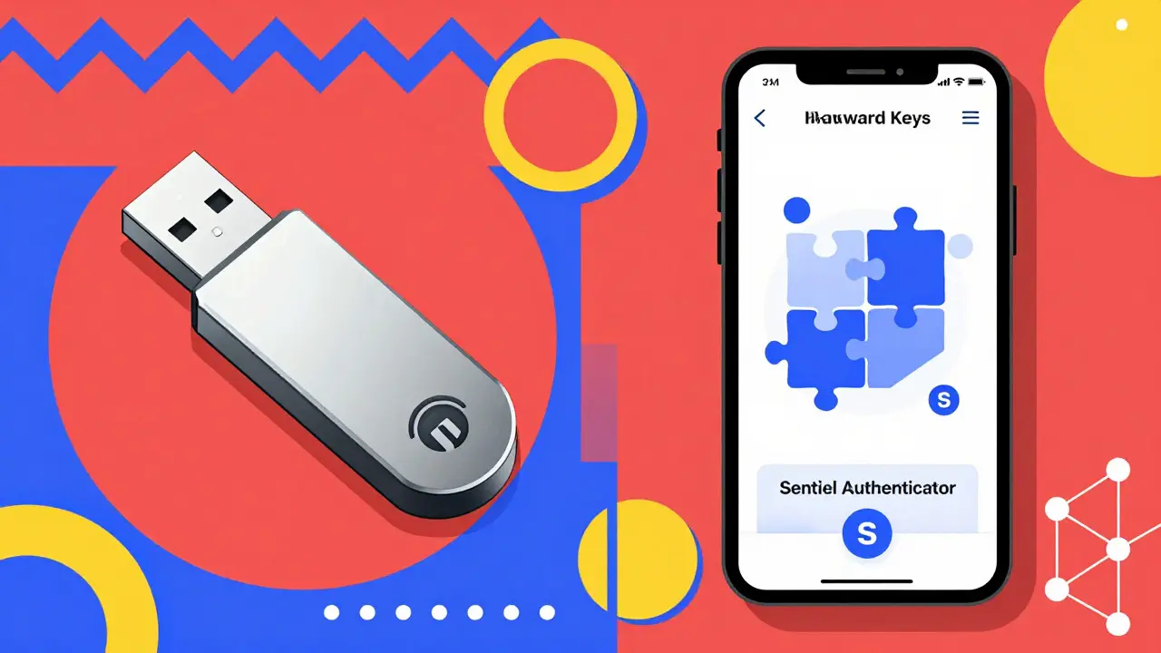 Clé de sécurité matérielle et application mobile sur fond géométrique coloré