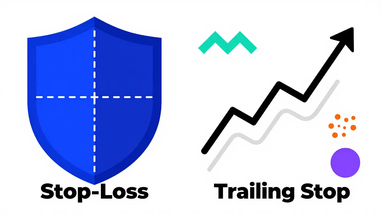 Comparaison visuelle Stop-Loss fixe vs Trailing Stop dynamique en style Memphis