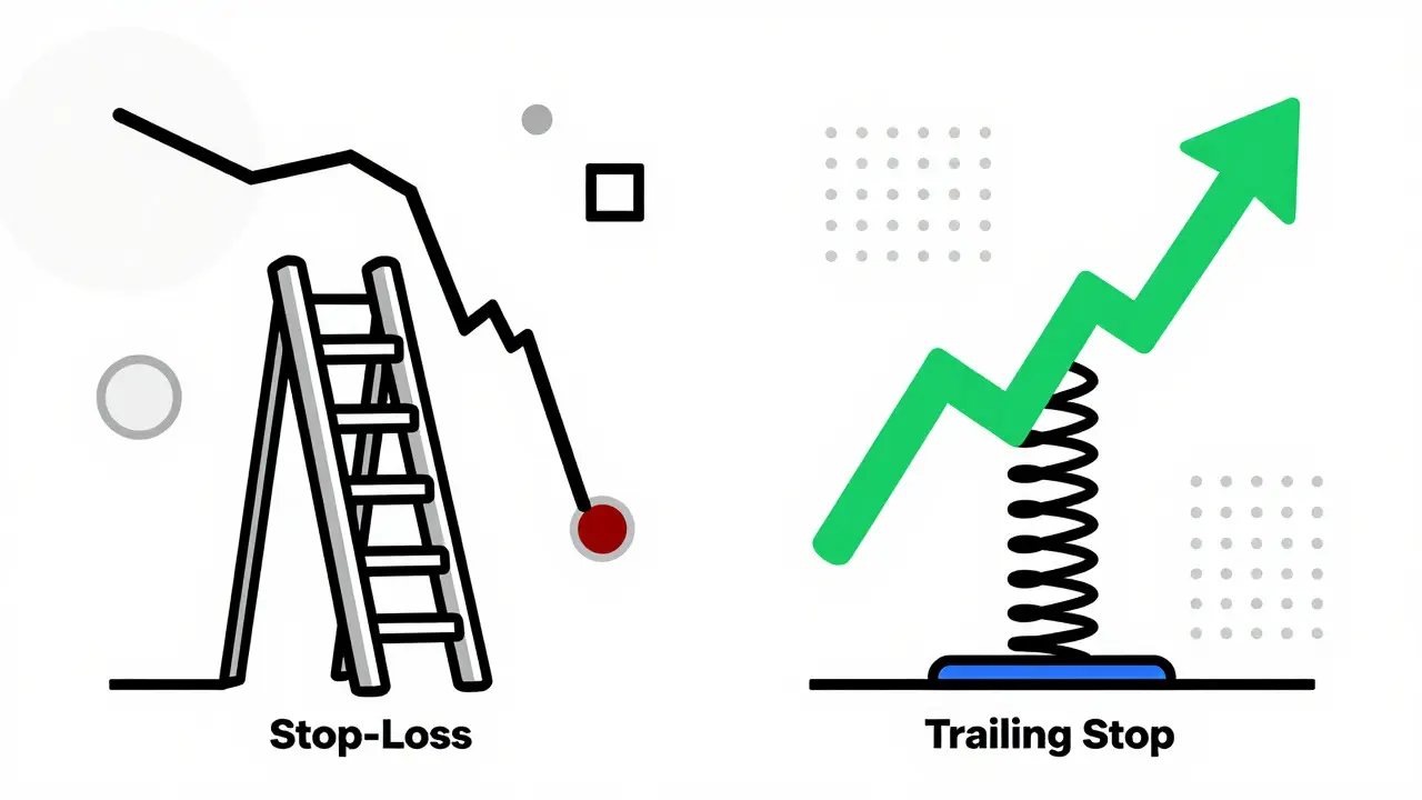 Comparaison visuelle style Memphis entre stop-loss fixe et stop mobile dynamique