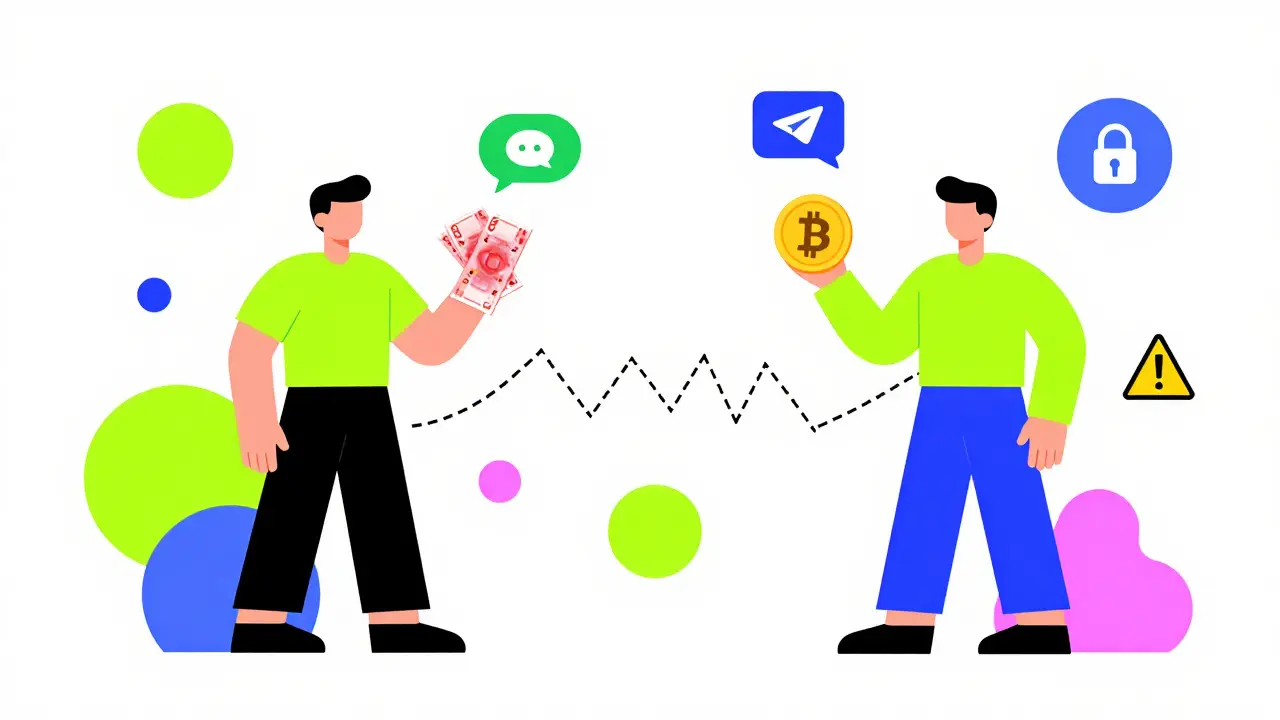Deux figures échangeant des fonds et des cryptos via une connexion chiffrée abstraite