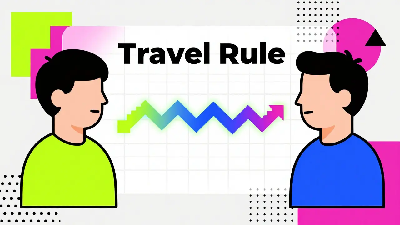 Deux icônes utilisateurs connectées par un flux de données sécurisé, représentant la conformité KYC et le Travel Rule.