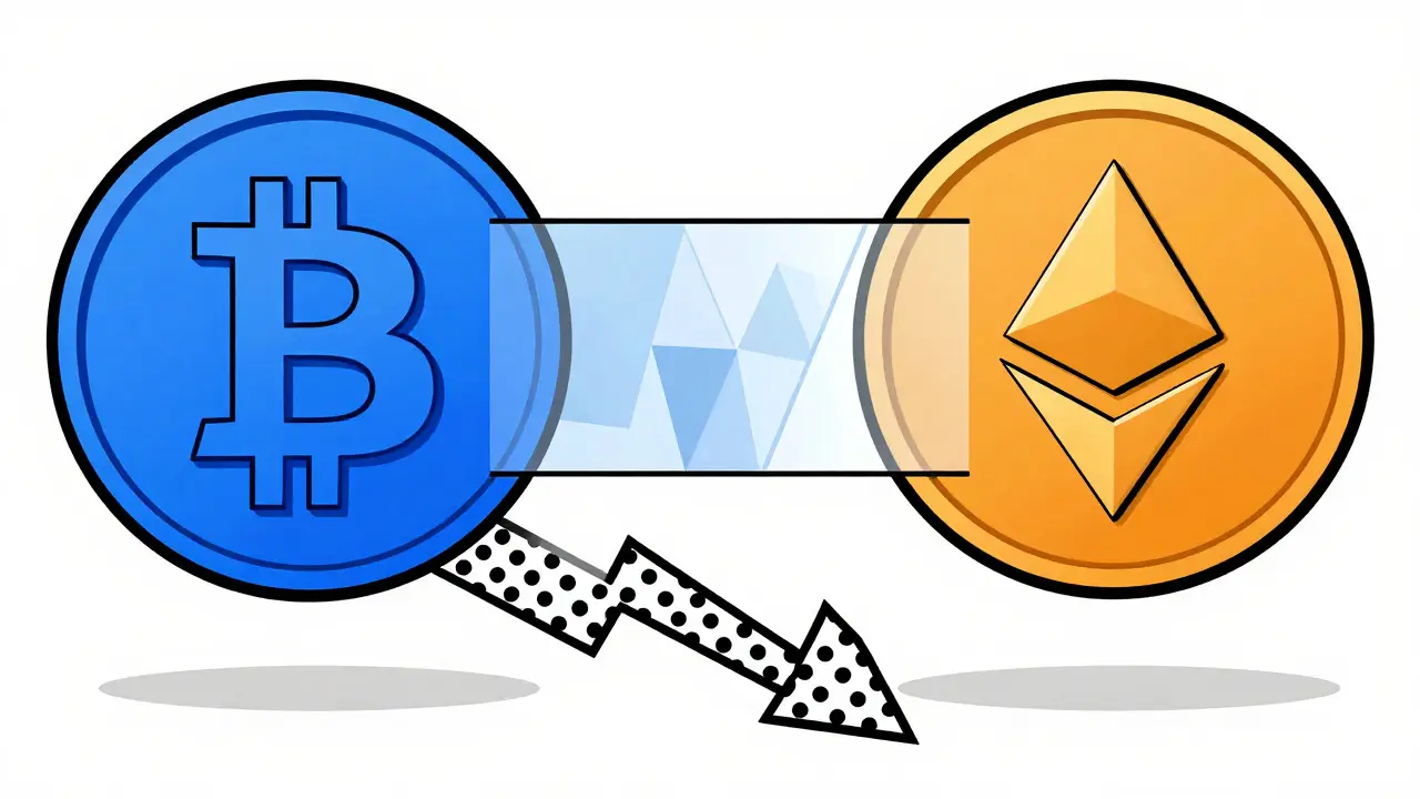 Deux pièces de crypto-actifs échangent avec une barrière géométrique symbolisant la taxe en style Memphis.