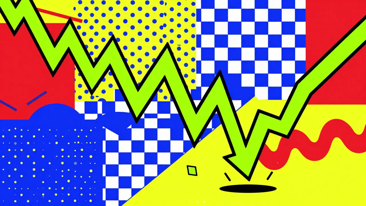 Graphique boursier en chute libre entouré de motifs Memphis chaotiques