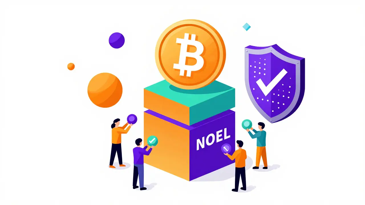 Illustration du staking et de la sécurité blockchain en style Memphis