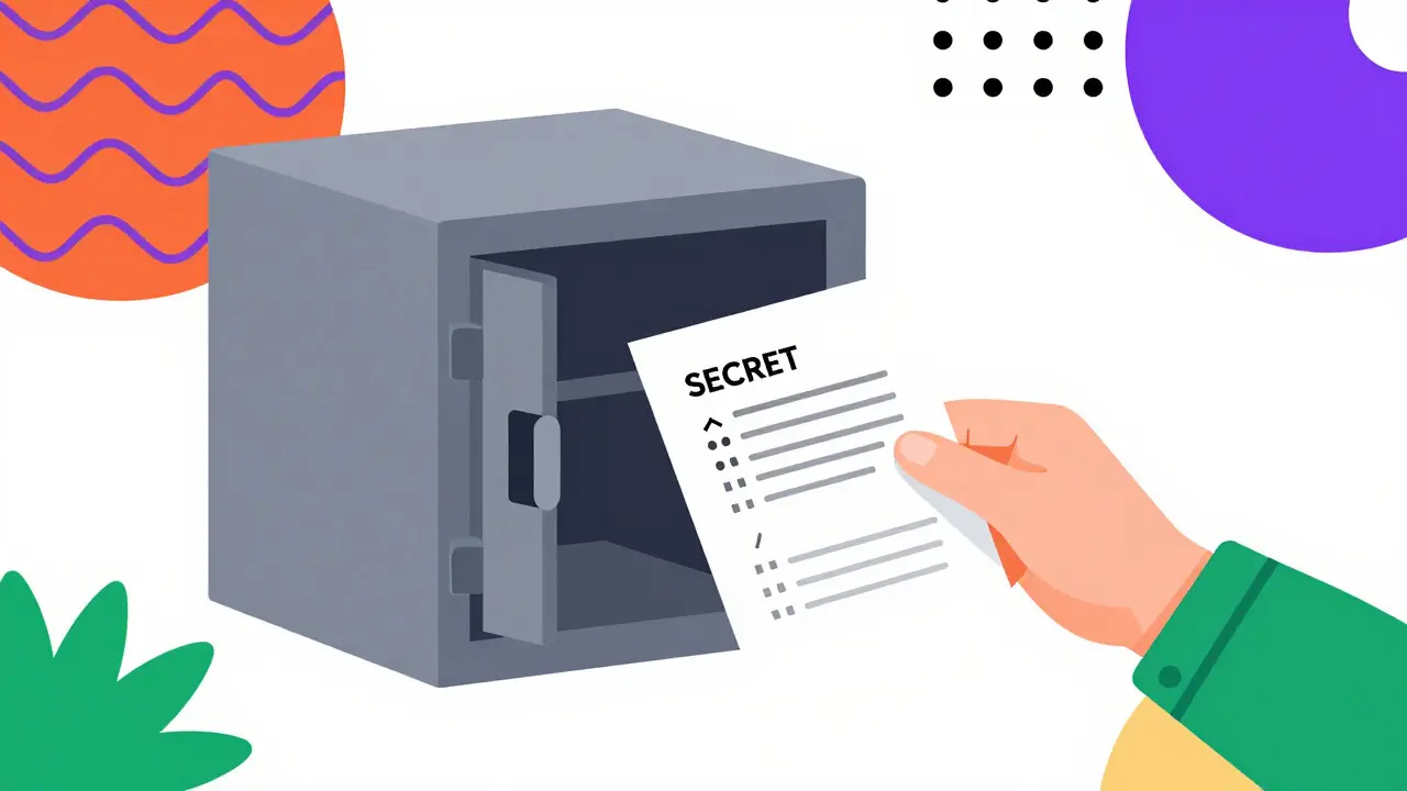 Personnage sauvegardant des codes secrets près d'un coffre-fort stylisé