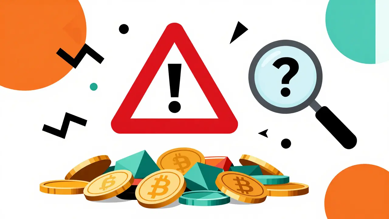 Pièces de crypto éparpillées sous un signe d'avertissement rouge dans le style Memphis