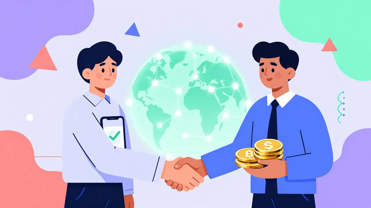 Poissons commerciaux serrant la main au-dessus d'un globe connecté