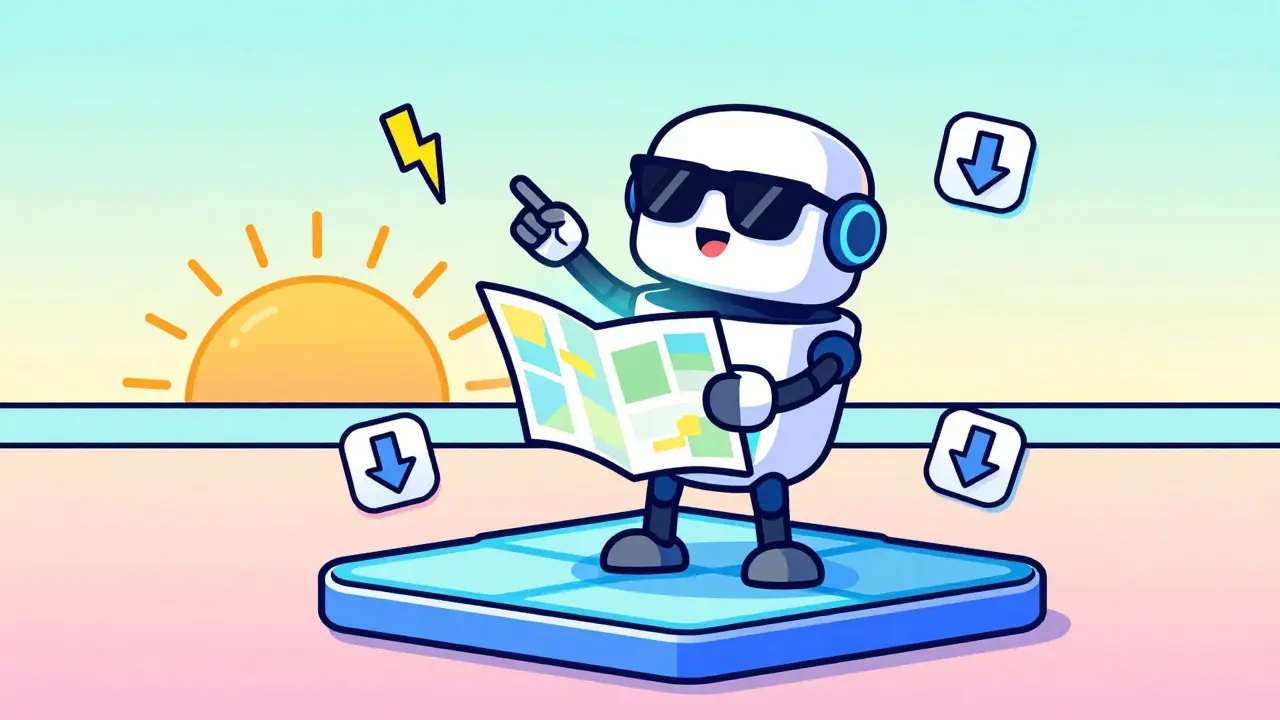 Robot stylisé Memphis pointant vers l'horizon sur une plateforme blockchain