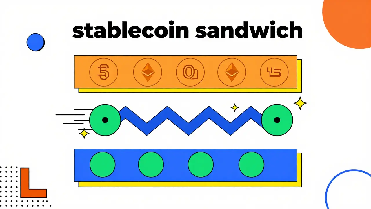 Schéma du mécanisme du stablecoin avec des formes géométriques colorées