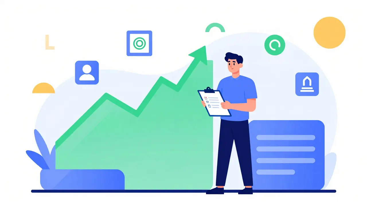 Stratégie hybride de trading avec graphiques et éléments géométriques colorés
