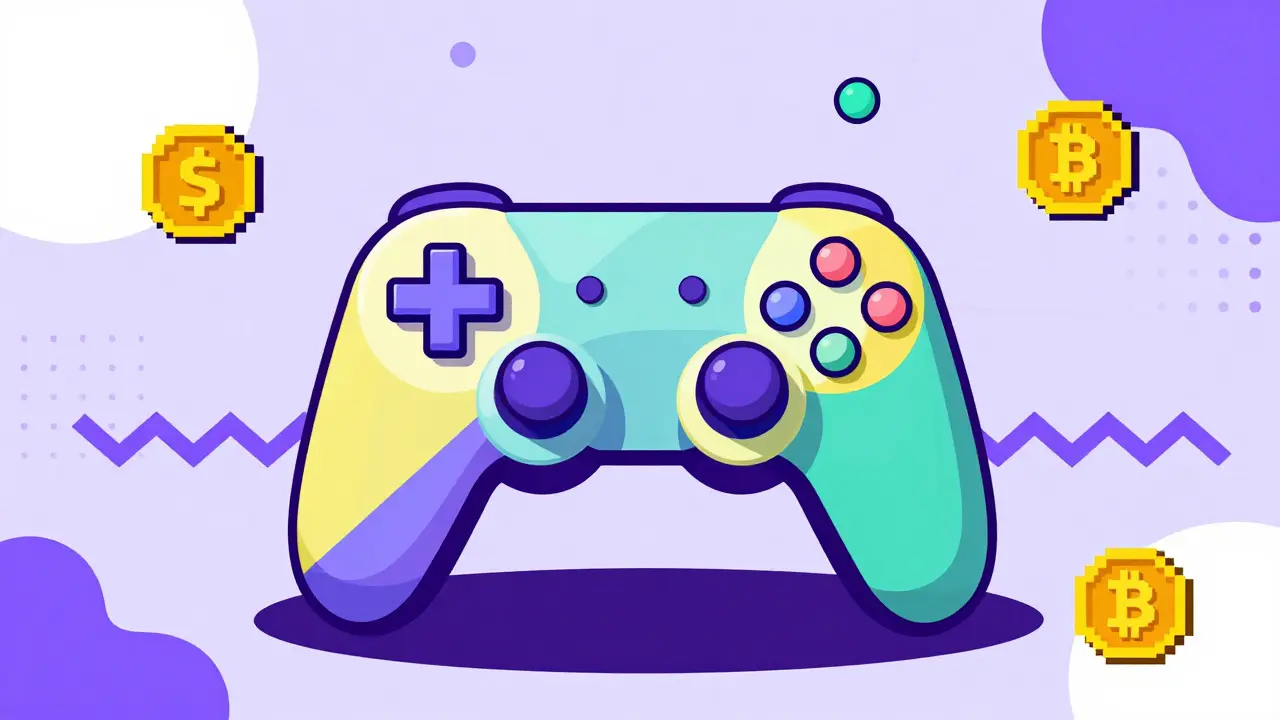 Style Memphis : manette de jeu abstraite et jetons flottants représentant le Play-to-Earn sur la blockchain.