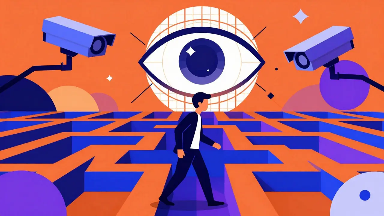 Trader géométrique naviguant dans un labyrinthe sous le regard d'une surveillance