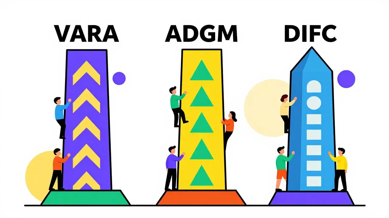 Trois piliers géométriques représentant les zones franches VARA, ADGM et DIFC