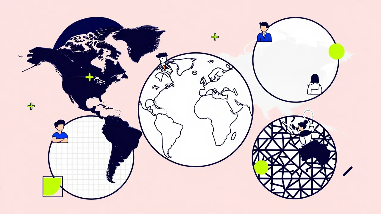 Un globe abstrait entouré de motifs géométriques représentant les différences fiscales mondiales sur les cryptos.