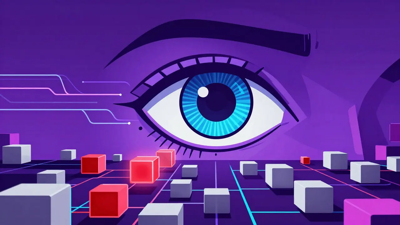 Analyse prédictive par IA représentée par un œil géométrique scannant la blockchain