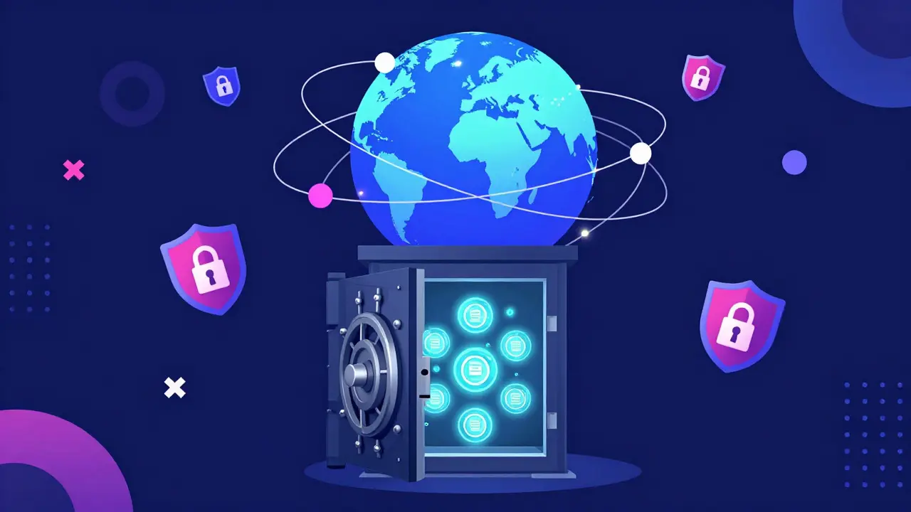 Coffre-fort numérique sécurisé et globe connecté dans un style graphique Memphis