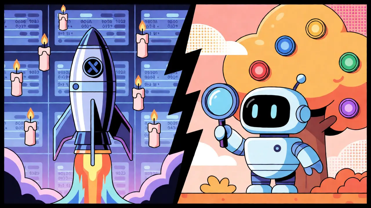 Comparaison visuelle cartoon entre BitMEX technologique et Bibox accessible via IA en style Memphis.