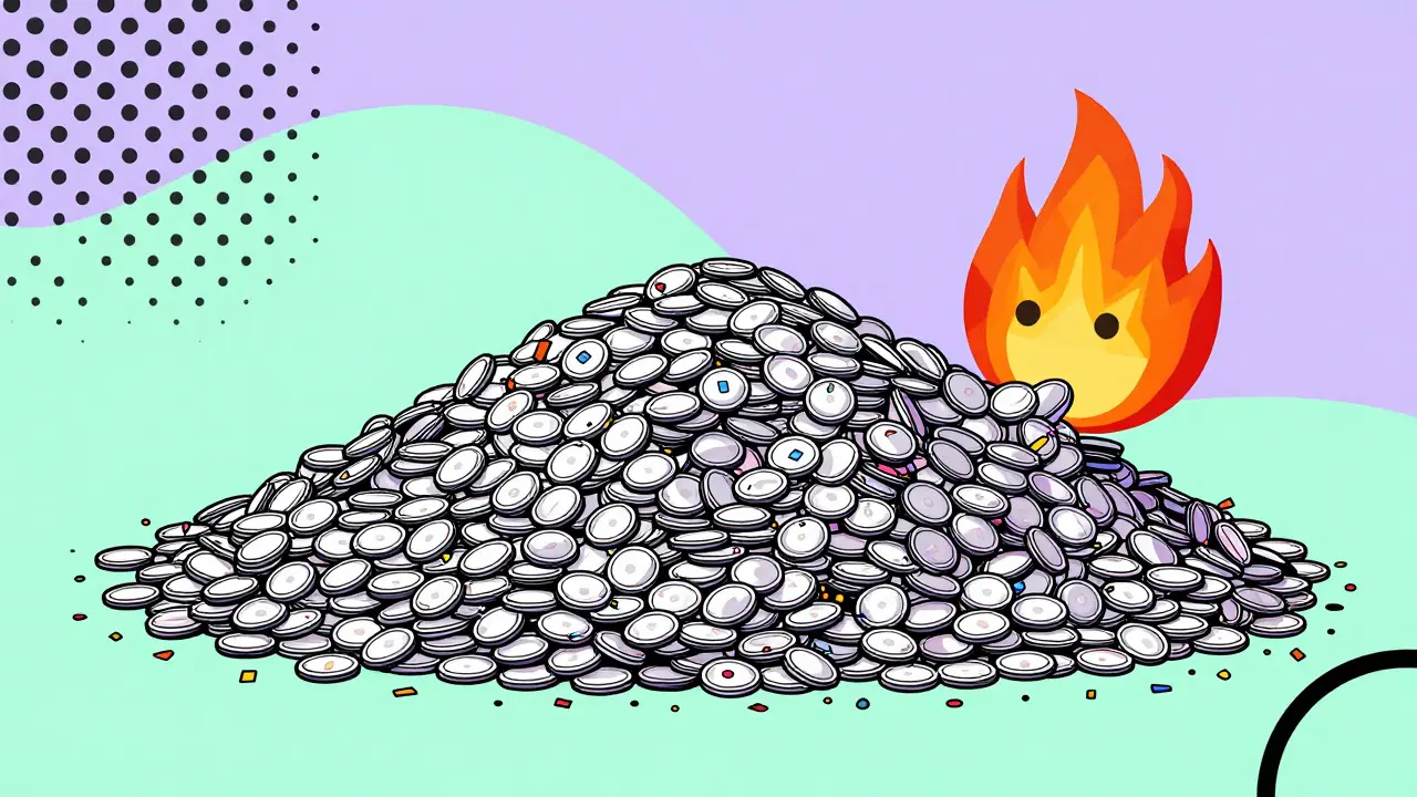 Confettis de tokens brûlés par une icône de feu abstraite style Memphis