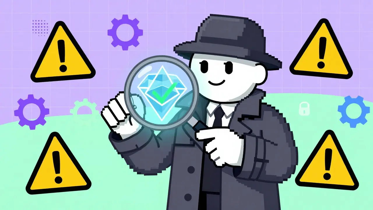 DéTECTIVE examinant un diamant Ethereum avec une loupe de vérification