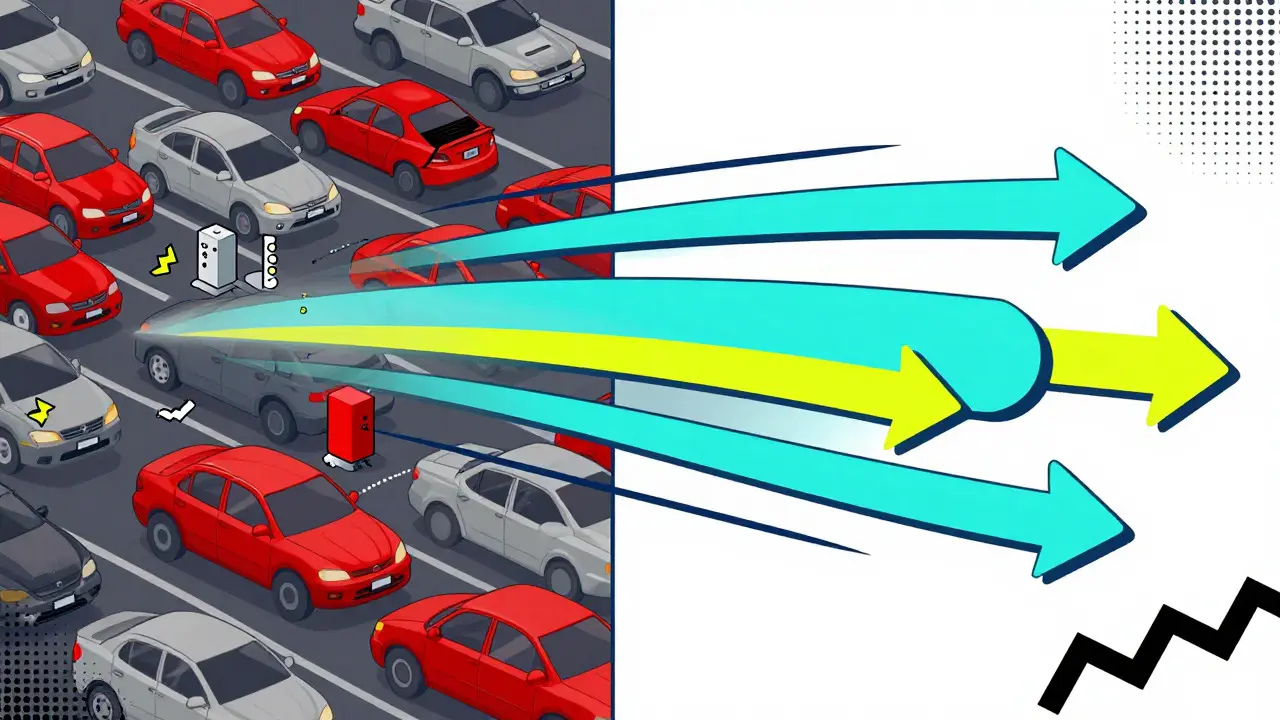 Flèches rapides bleues dépassant un embouteillage gris, illustrant la vitesse de NEAR