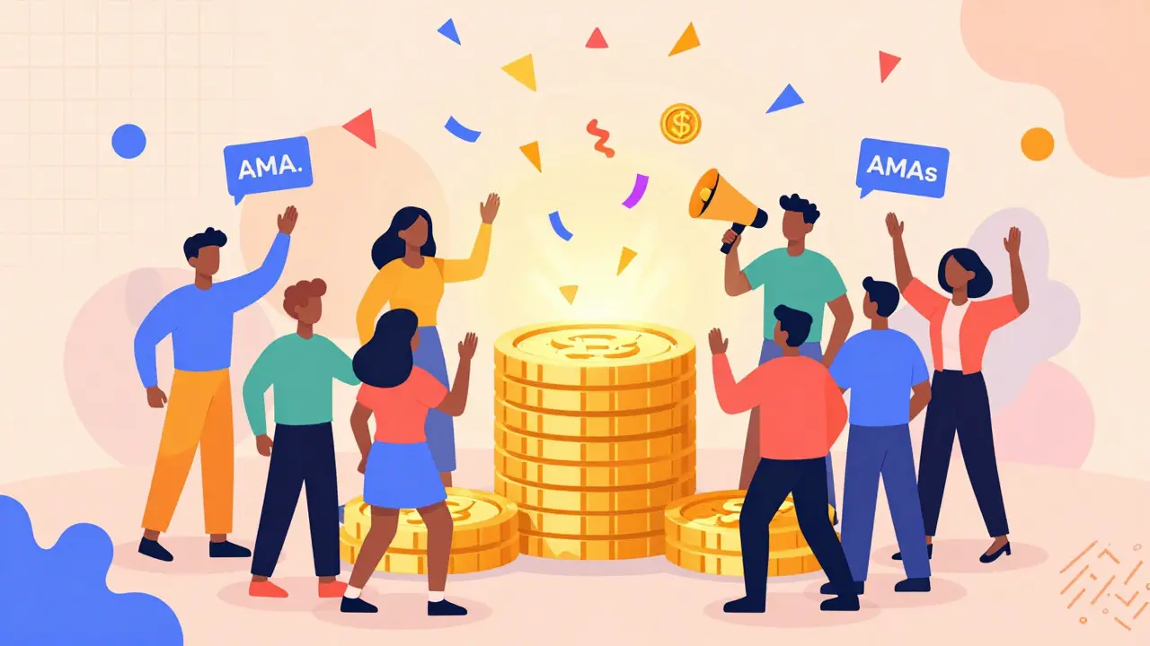 Groupe de personnages célébrant des récompenses avec confettis géométriques