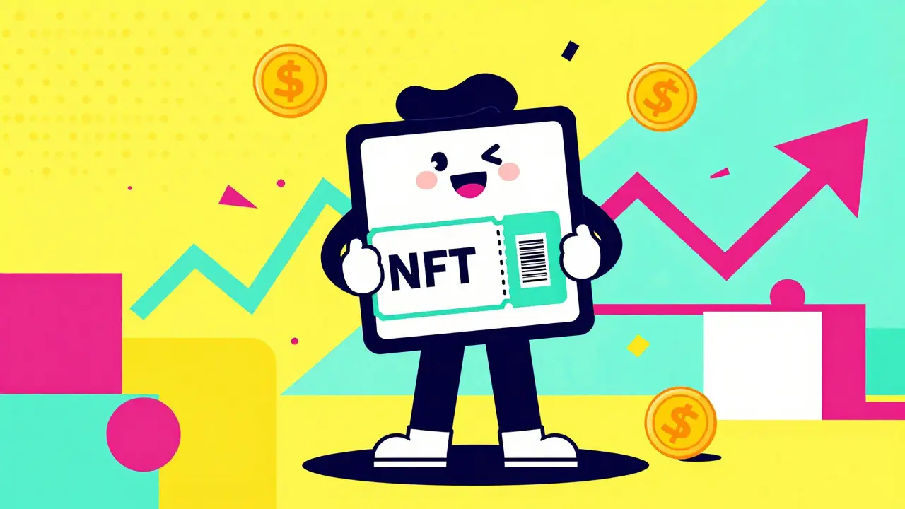 Illustration de style Memphis d'une personne fière de posséder son billet NFT comme objet de collection.