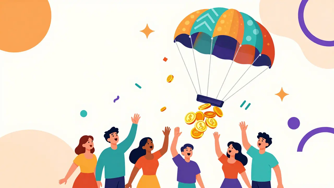 Parachute géométrique distribuant des pièces crypto dans le style design Memphis