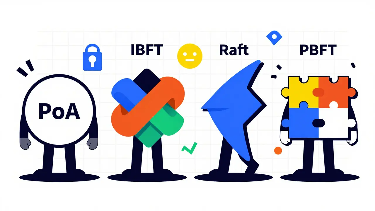 Personnages géométriques représentant quatre mécanismes de consensus
