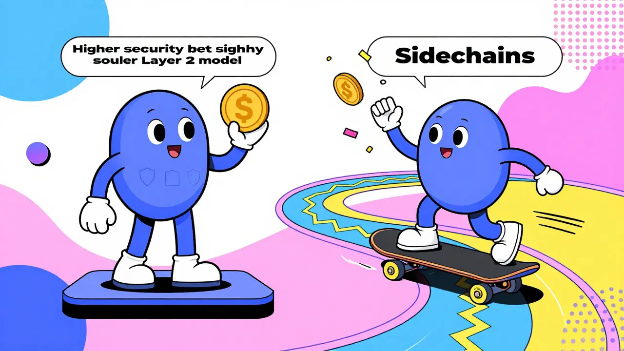 Personnages stylisés illustrant la vitesse et le coût des transactions blockchain