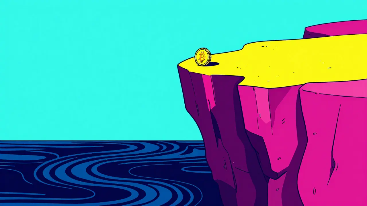 Pièce précaire sur un bloc de couleurs vives illustrant le risque crypto