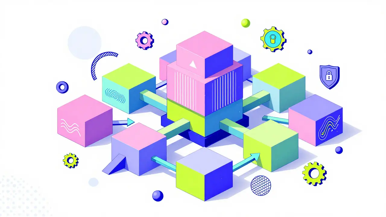 Réseau hybride futuriste avec formes abstraites et couleurs vives