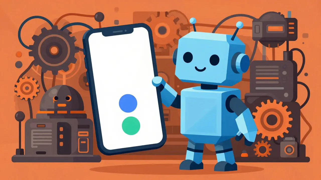 Robot simpliste tenant un appareil face à un arrière-plan de machines complexes en style Memphis