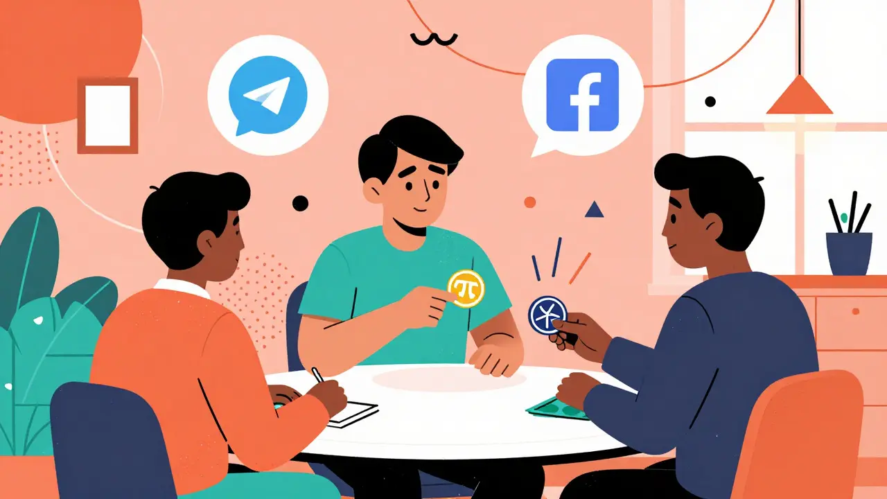 Scène de style Memphis illustrant une transaction P2P entre deux personnages échangeant des jetons abstraits dans un décor chaotique.