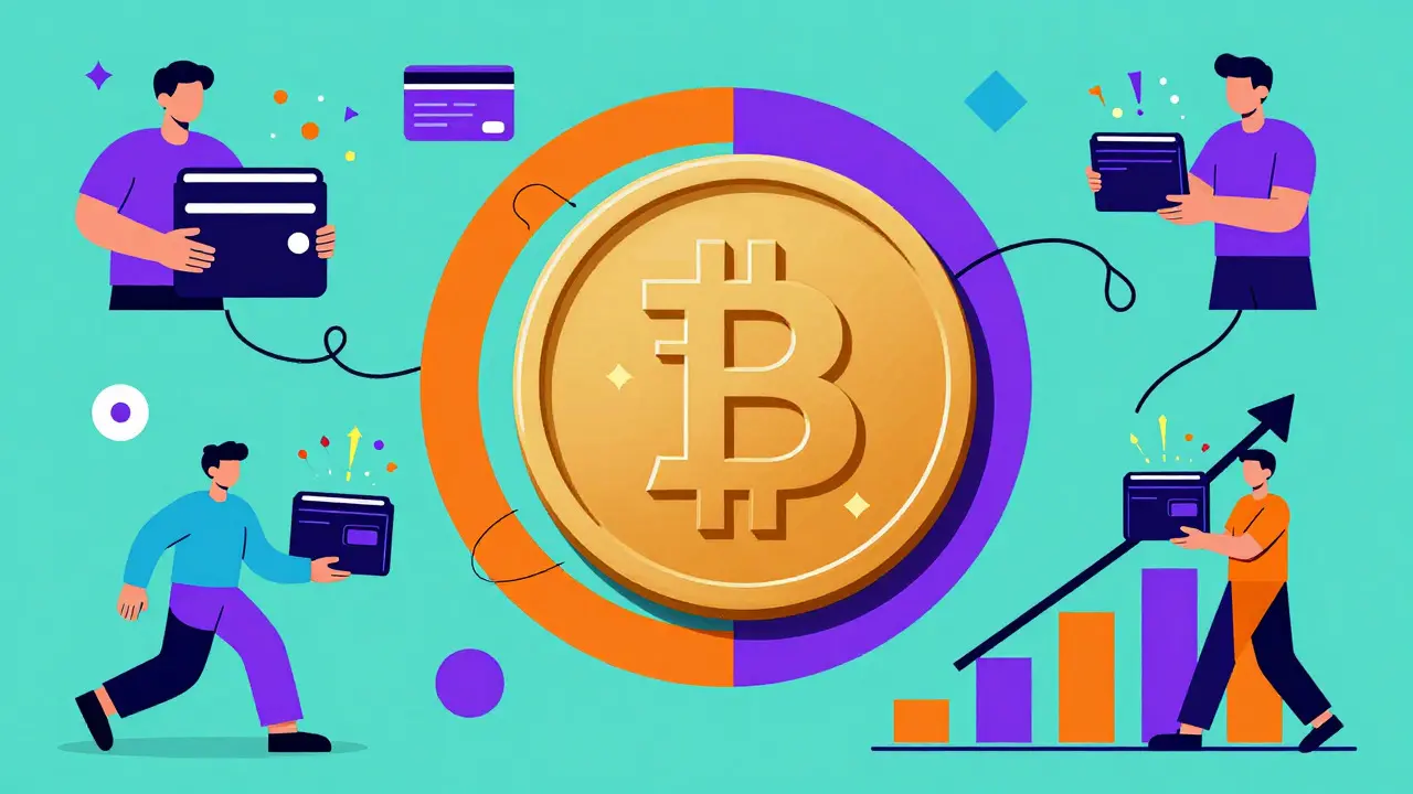 Style Memphis montrant la reprise du marché crypto et l'accès bancaire en Inde