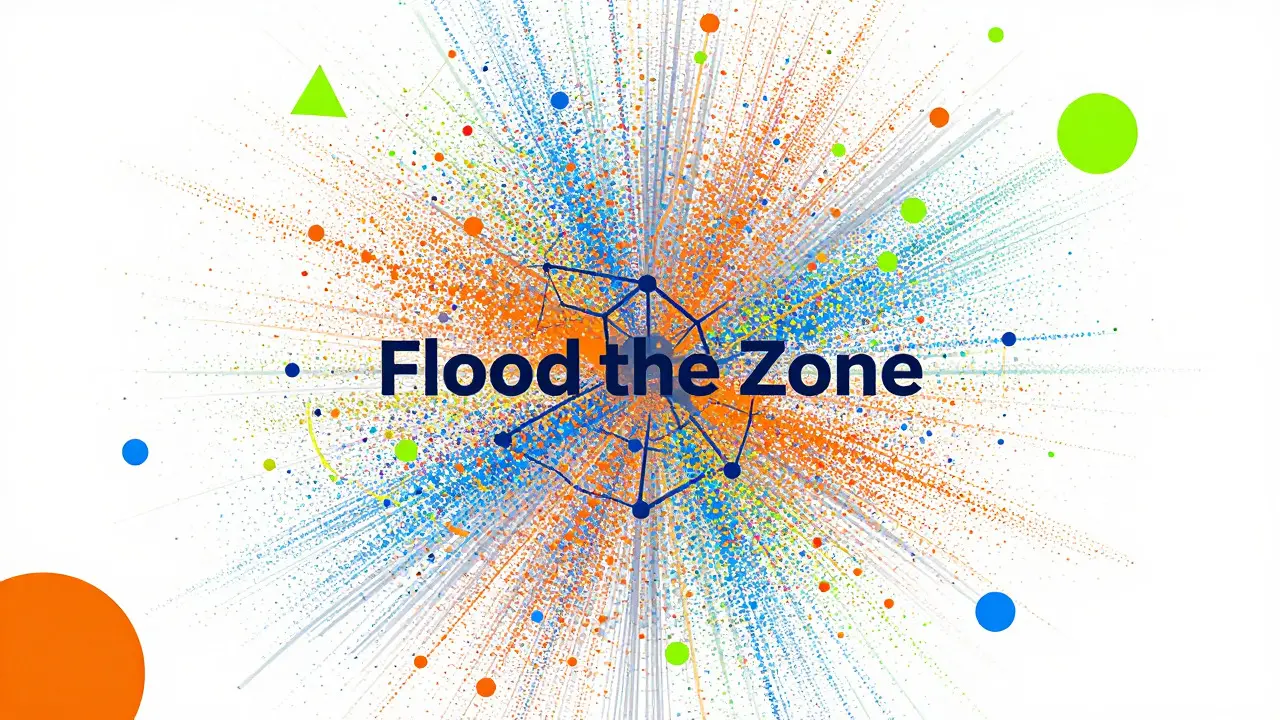 Technique Flood the Zone illustrée par une explosion de micro-transactions sur les ponts crypto