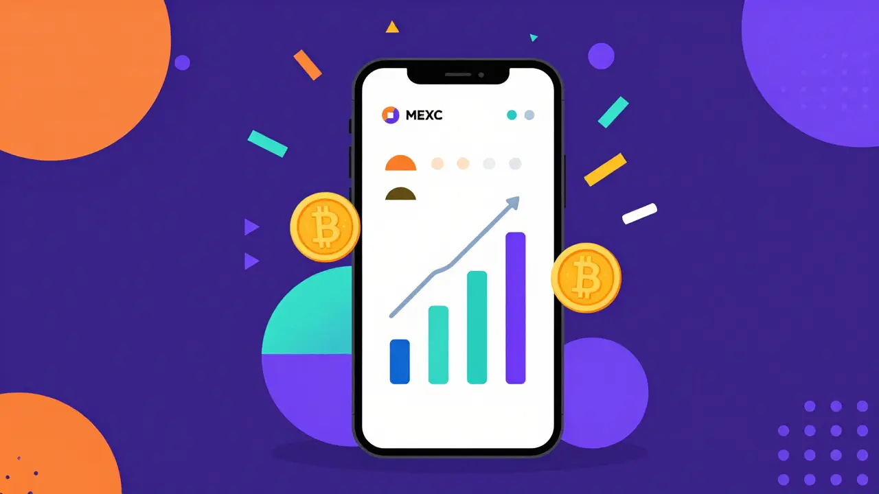 Téléphone avec pièces cryptos tombant dans un style graphique Memphis coloré