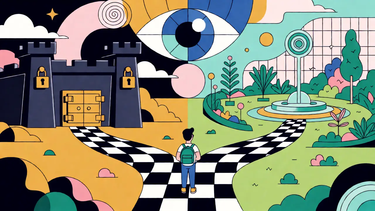 Voyageur au carrefour des choix crypto entre sécurité BitMEX et innovation Bibox en illustration Memphis.