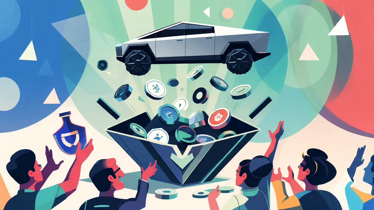 Coffre aux trésors géométrique libérant des jetons et une Tesla Cybertruck