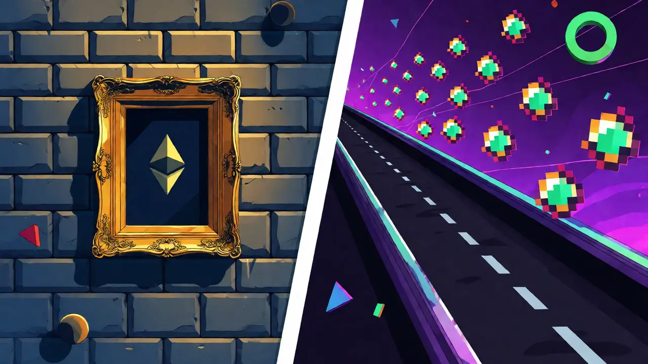 Comparaison visuelle entre l'art rare sur Ethereum et le jeu rapide sur Solana
