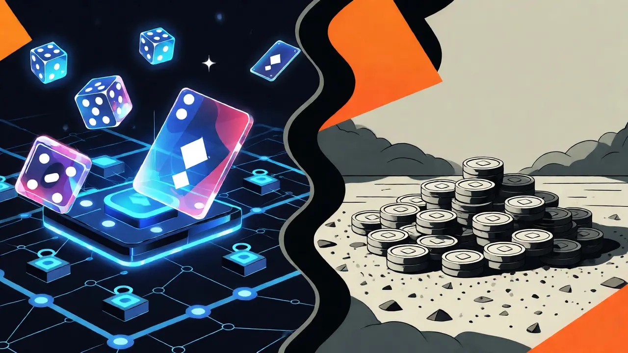 Comparaison visuelle entre une plateforme de jeu futuriste et un marché sans liquidité en style dessin animé.